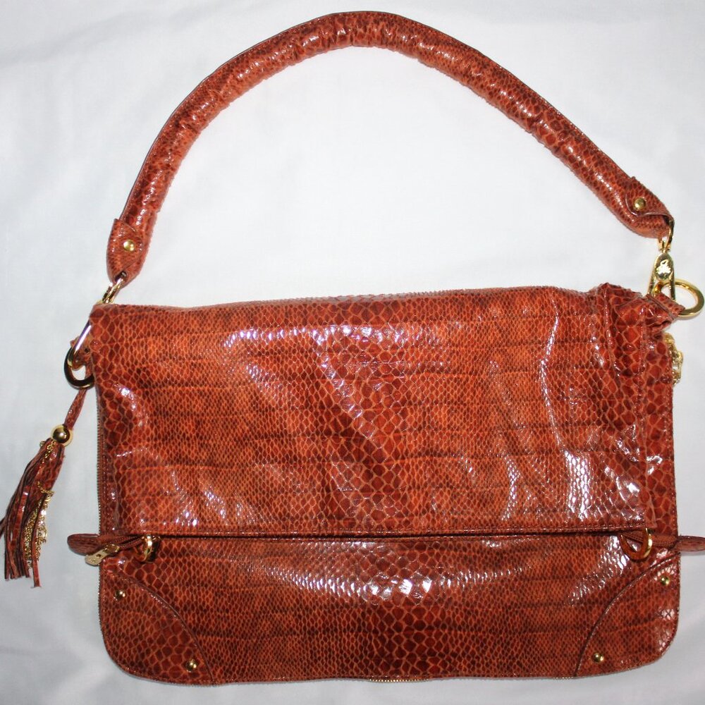 JM Joy Mangano Convertible Expandable Drop Python Bag Tote Shoulder Clutch Brown